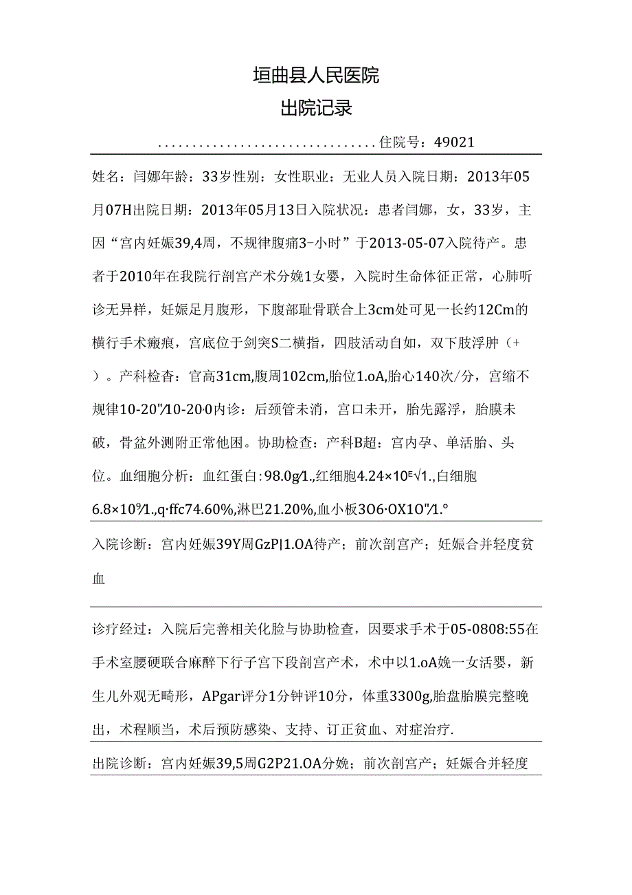 出院记录模板.docx_第1页