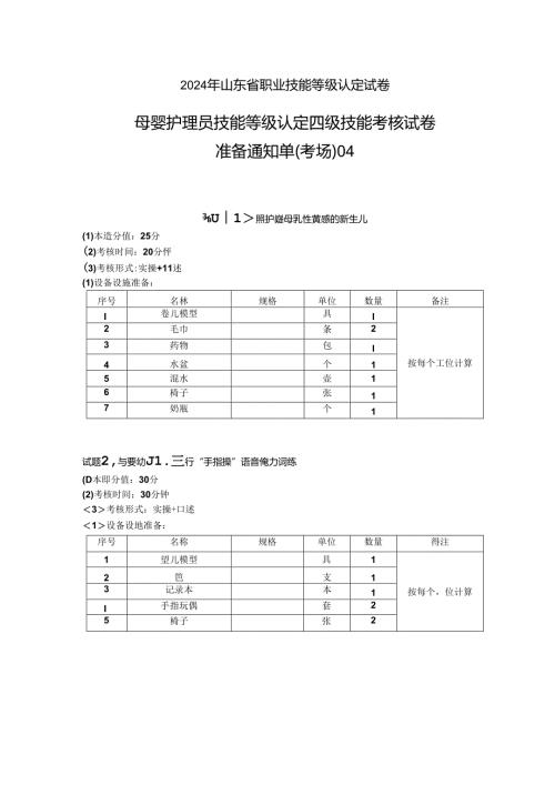 2024年山东省职业技能等级认定试卷 真题 母婴护理员 中级 准备通知单 04.docx