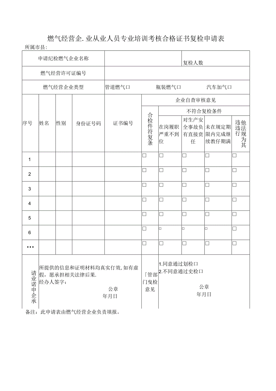 燃气经营企业从业人员专业培训考核合格证书复检申请表.docx_第1页