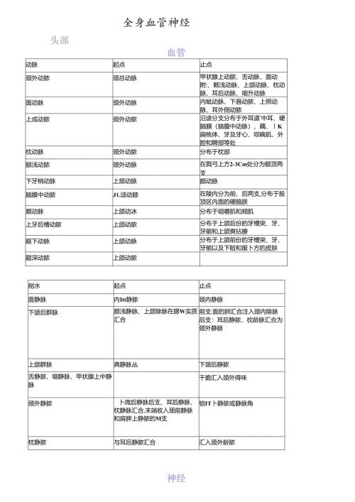 全身血管神经最全总结(起止点与分布).docx