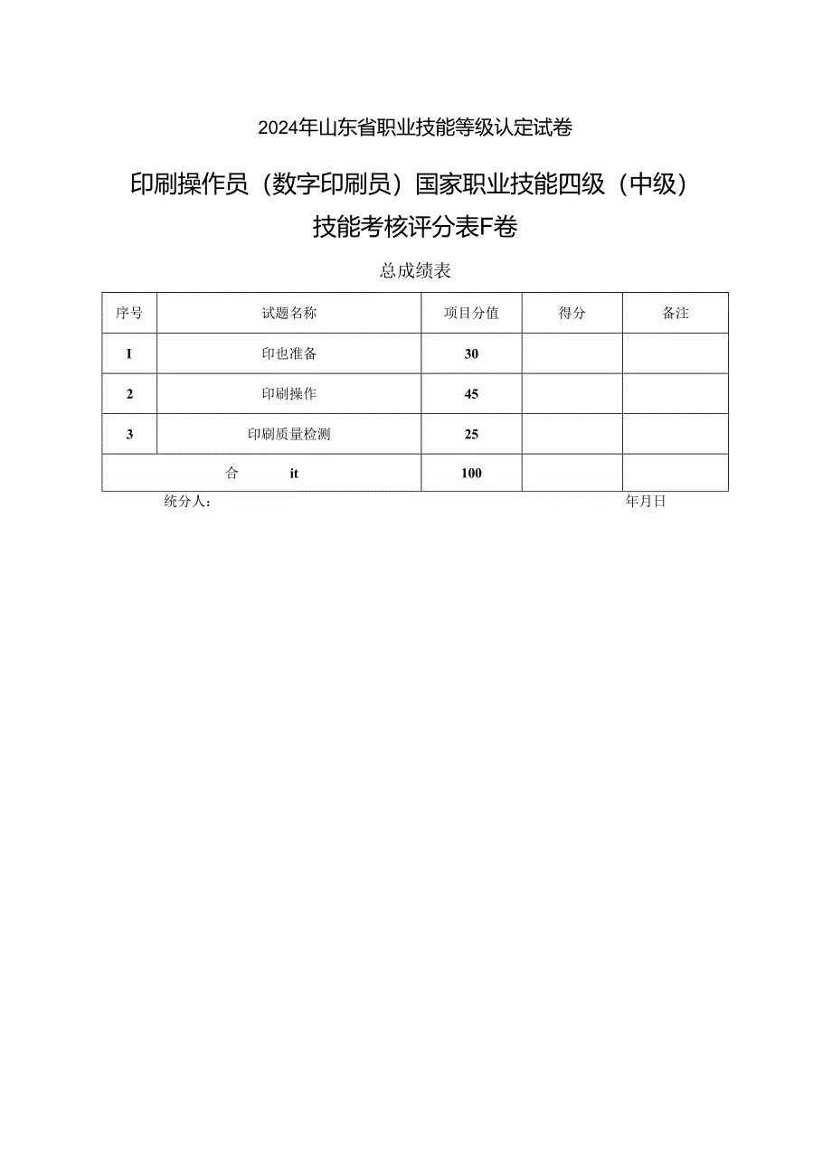 2024年山东省职业技能等级认定试卷 真题 印刷操作员（数字印刷员） 四级（中级）技能考核-样题评分表.docx_第1页