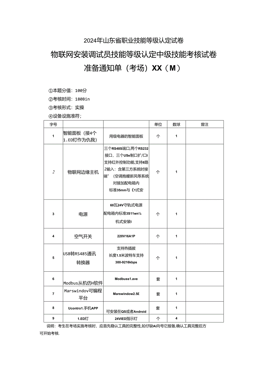 2024年山东省职业技能等级认定试卷 真题 物联网安装调试员 高级考场准备通知单 (6).docx_第1页