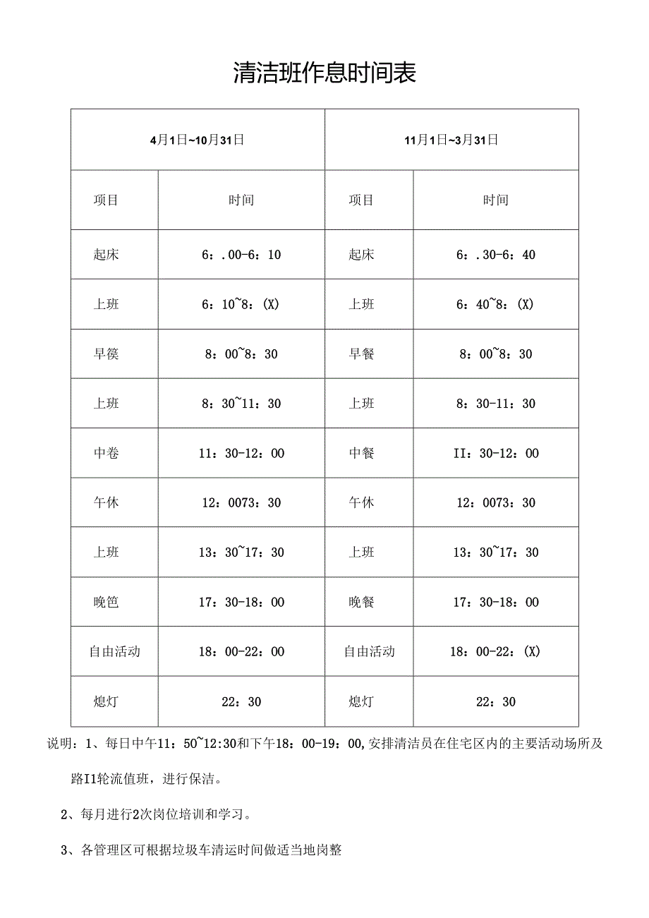 清洁班作息时间表（物业管理用表）.docx_第1页