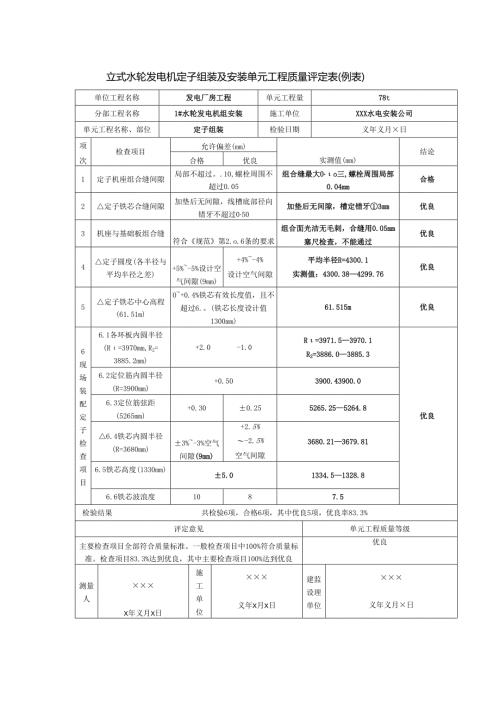 立式水轮发电机定子组装及安装单元工程质量评定表.docx