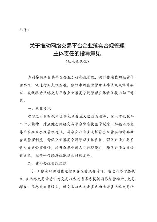 《关于推动网络交易平台企业落实合规管理主体责任的指导意见（征求意见稿）》.docx