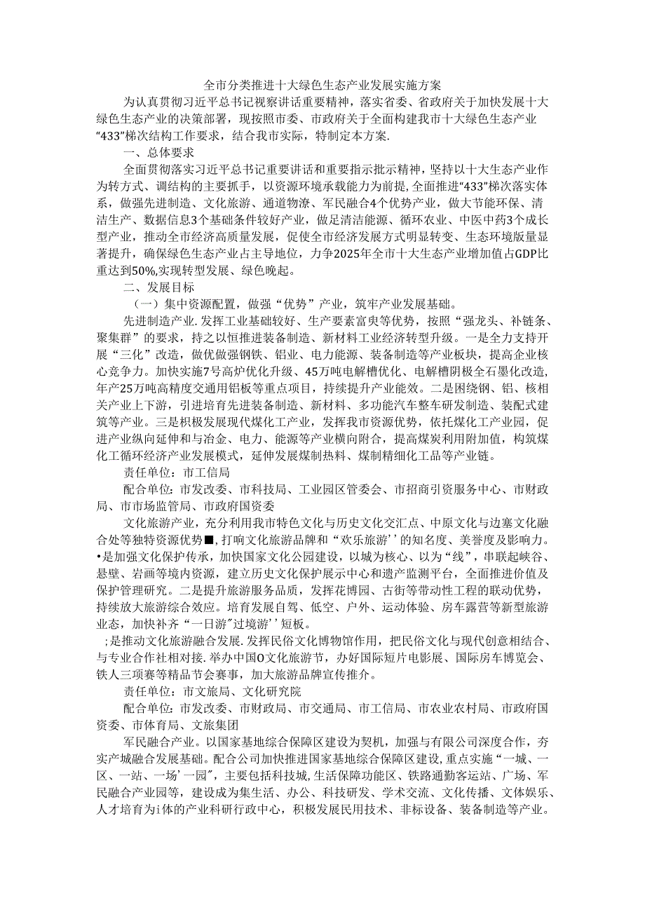 全市分类推进十大绿色生态产业发展实施方案.docx_第1页