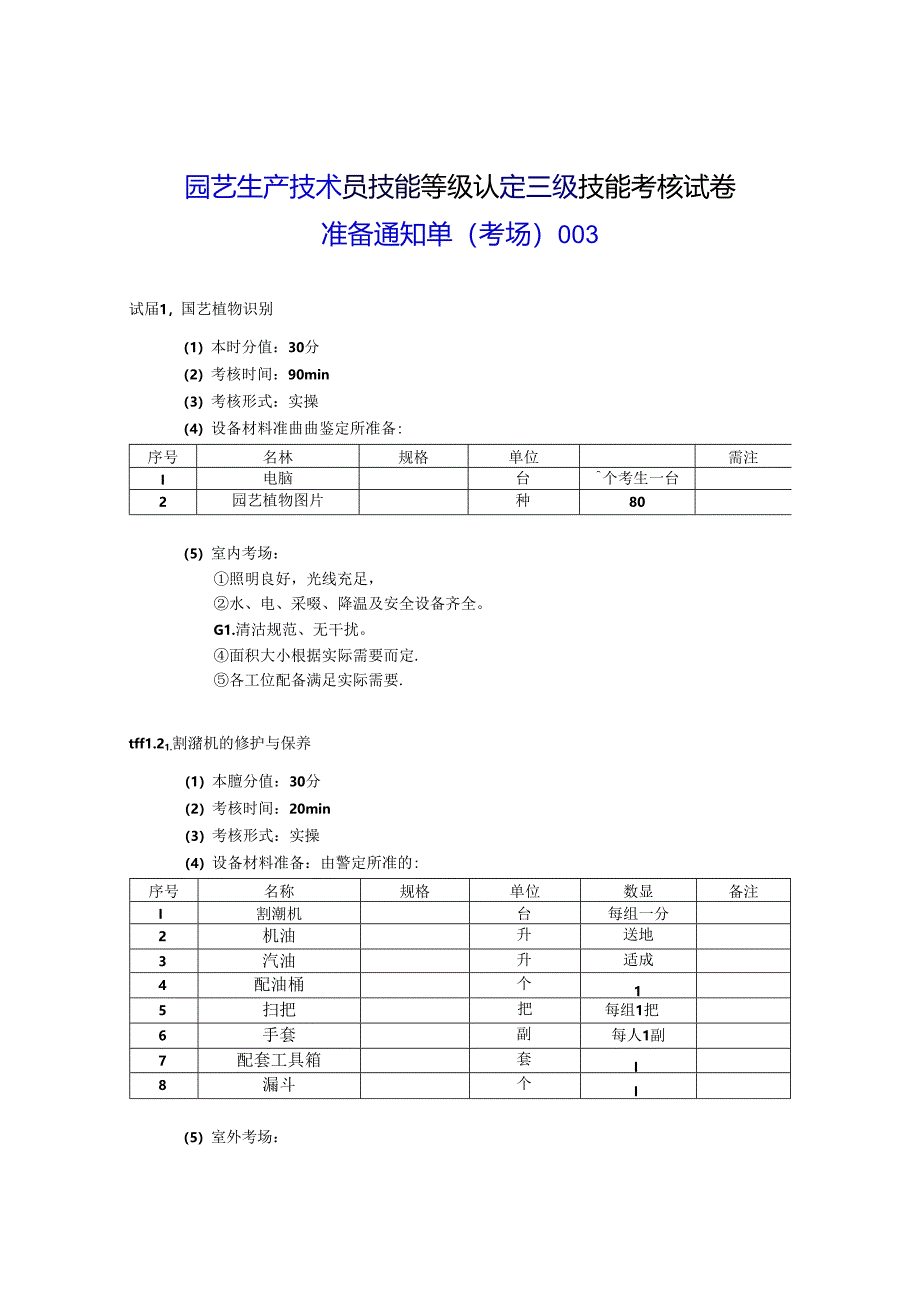 2024年山东省职业技能等级认定试卷 真题 农业技术员（园艺生产技术员）（三级）考场、考生准备通知单003.docx_第1页