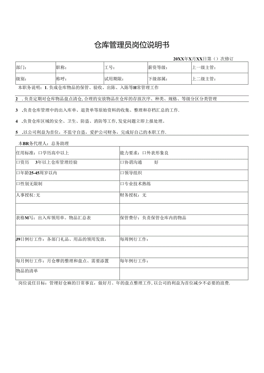 仓库管理员岗位说明书.docx_第1页
