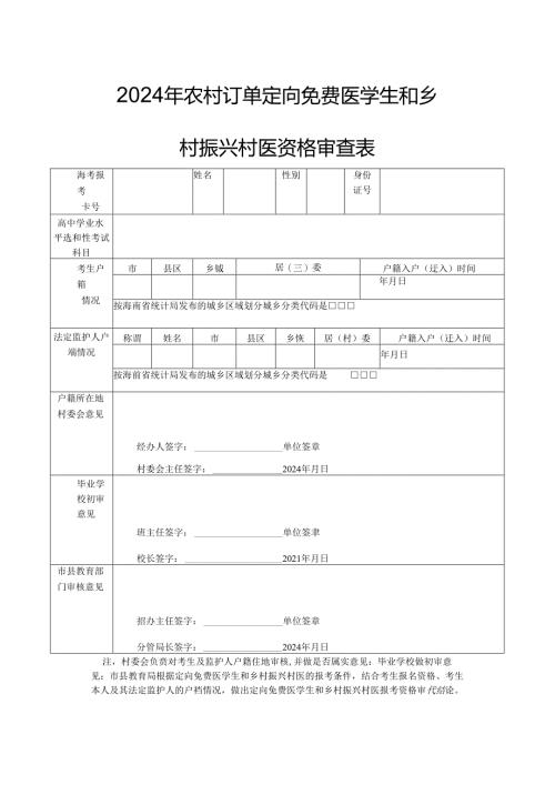 2024年农村订单定向免费医学生和乡村振兴村医资格审查表.docx