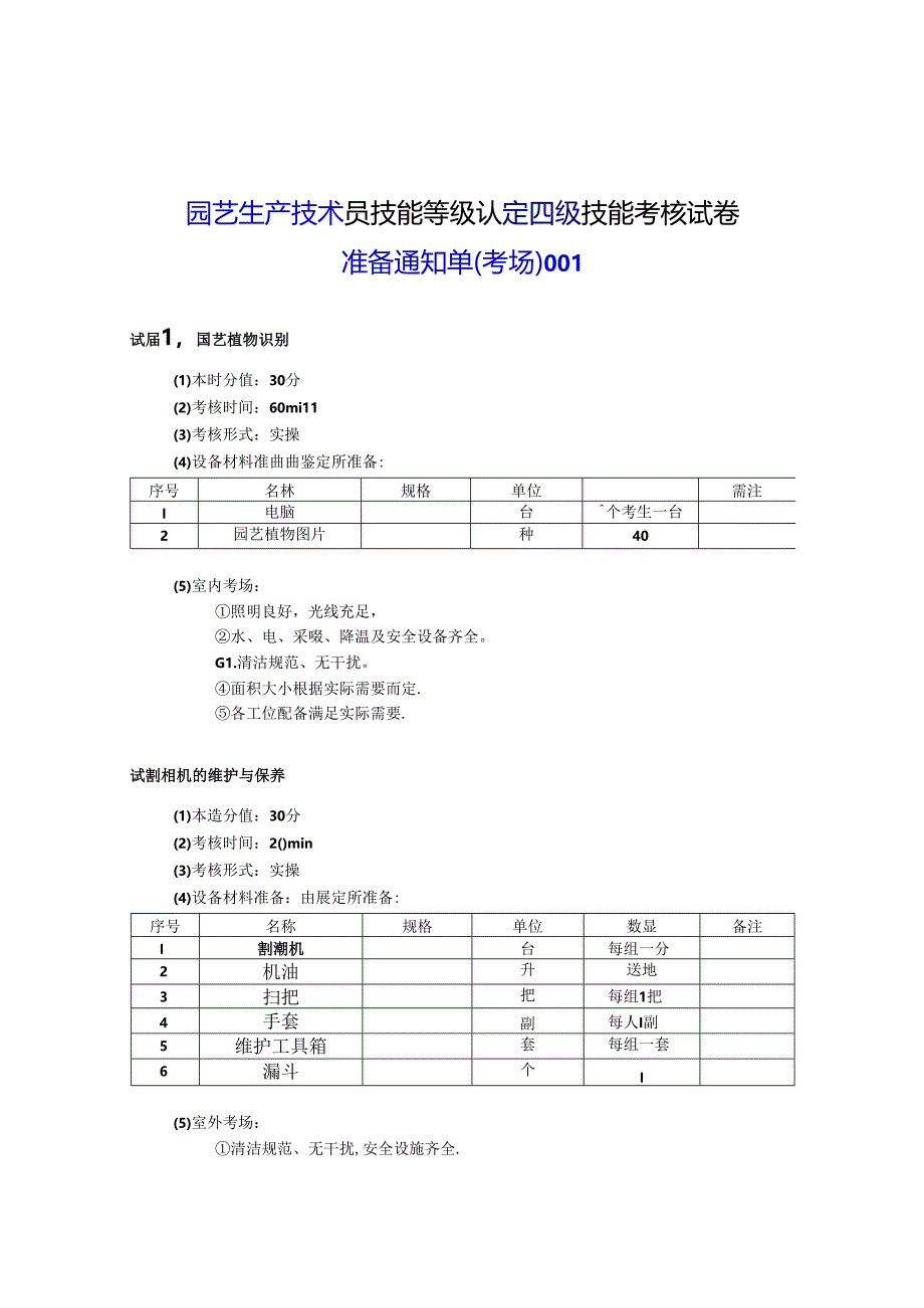 2024年山东省职业技能等级认定试卷 真题 农业技术员（园艺生产技术员）（四级）考场、考生准备通知单.docx_第1页