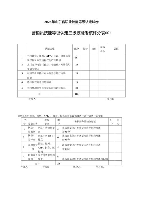 2024年山东省职业技能等级认定试卷 真题 营销员三级技能试卷评分记录表（样题）.docx