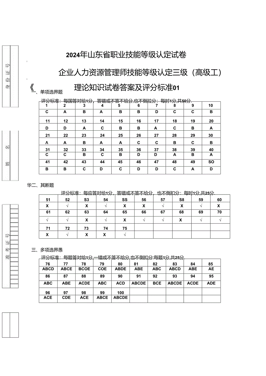 2024年山东省职业技能等级认定试卷 真题 企业人力资源管理师（三级）理论试卷答案（样题）.docx_第1页
