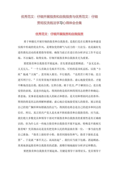 优秀范文：认真开展批评和自我批评与优秀范文：认真贯彻反洗钱法学习心得体会合集.docx