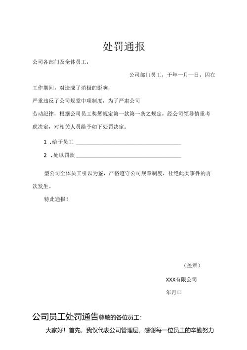 员工处罚通告参考模板-5份.docx