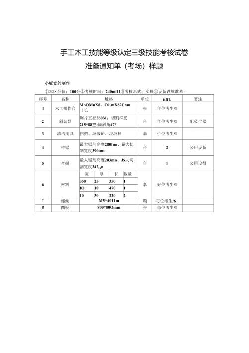 2024年山东省职业技能等级认定试卷 真题 手工木工高级考场、考生准备通知单-样题.docx