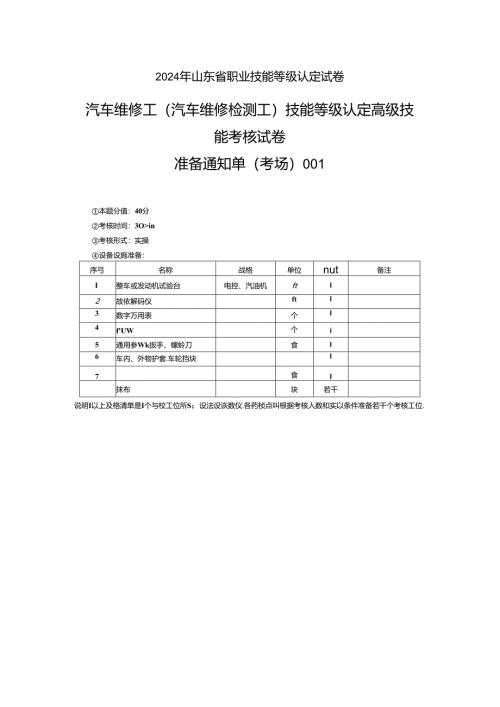 2024年山东省职业技能等级认定试卷 真题 汽车维修高级工考场准备通知单 ().docx