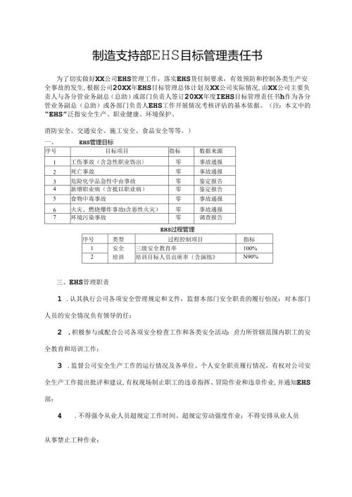 制造支持部EHS目标管理责任书.docx