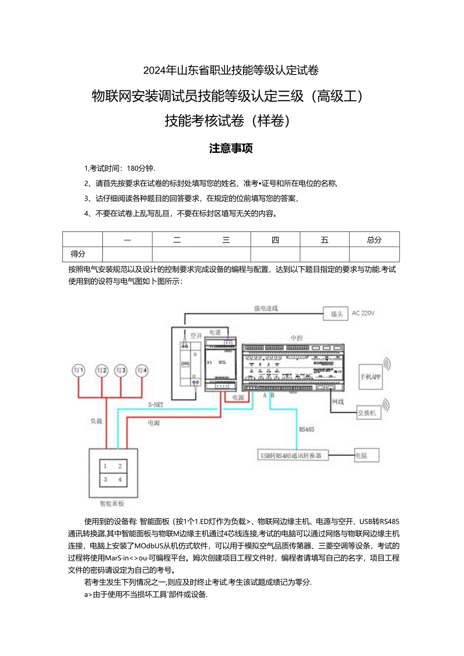 2024年山东省职业技能等级认定试卷 真题 物联网安装调试员 高级技能考核试卷-样卷.docx_第1页