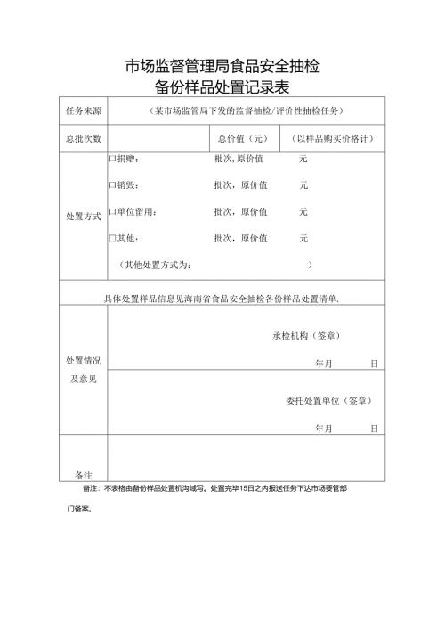 市场监督管理局食品安全抽检备份样品处置记录表.docx