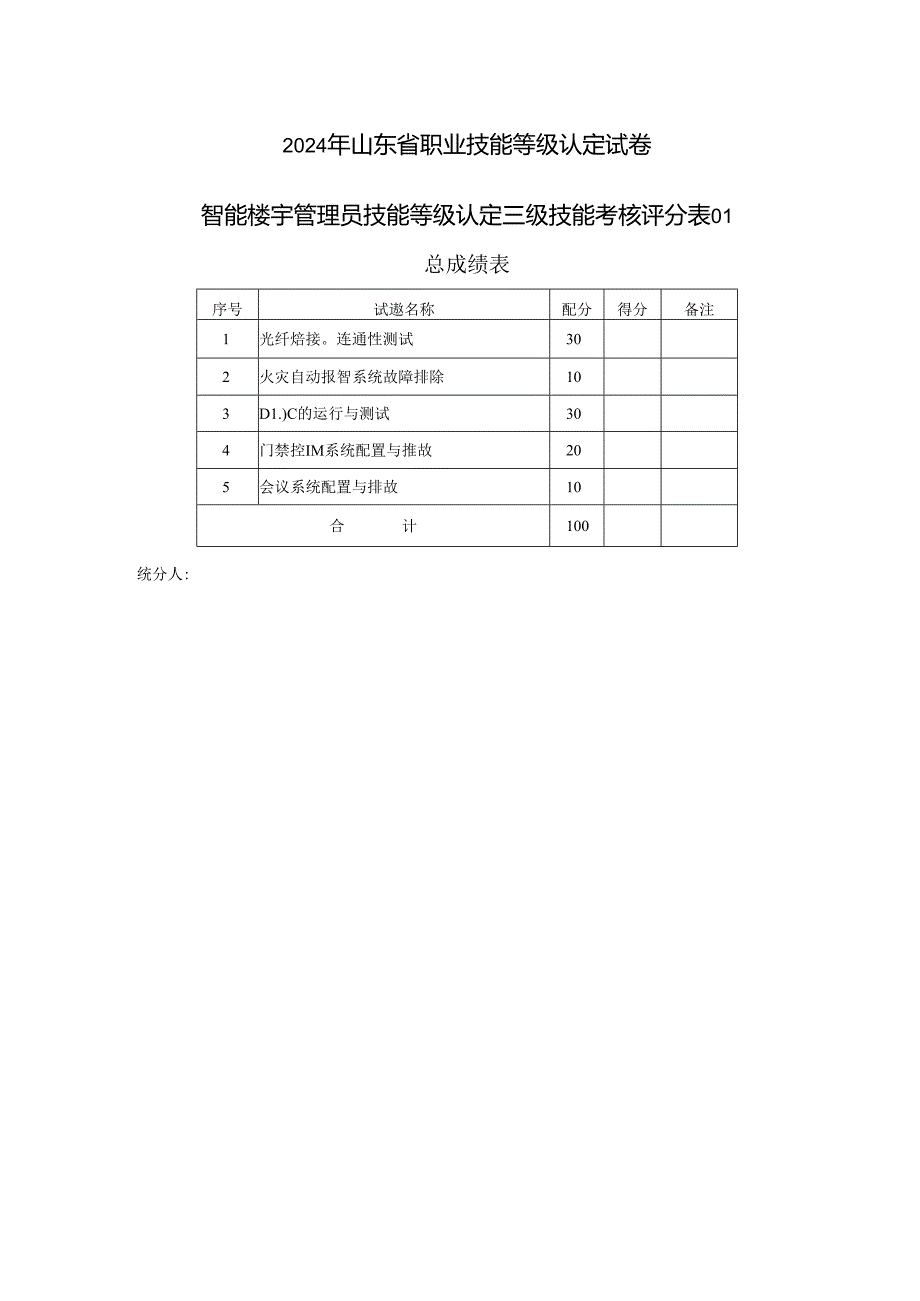 2024年山东省职业技能等级认定试卷 真题 智能楼宇管理员三级_技能__评分记录表.docx_第1页