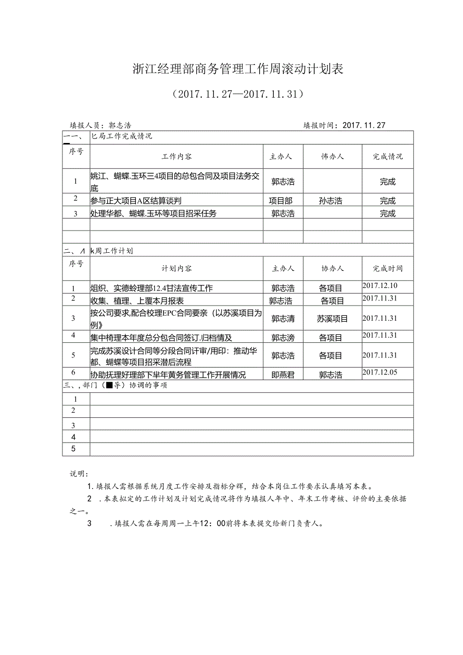 (20171127)商务管理部周工作滚动计划表--郭志浩.docx_第1页