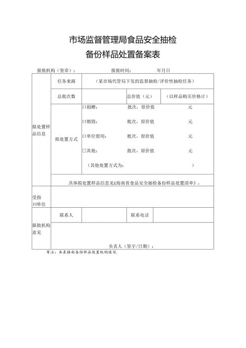 市场监督管理局食品安全抽检备份样品处置备案表.docx