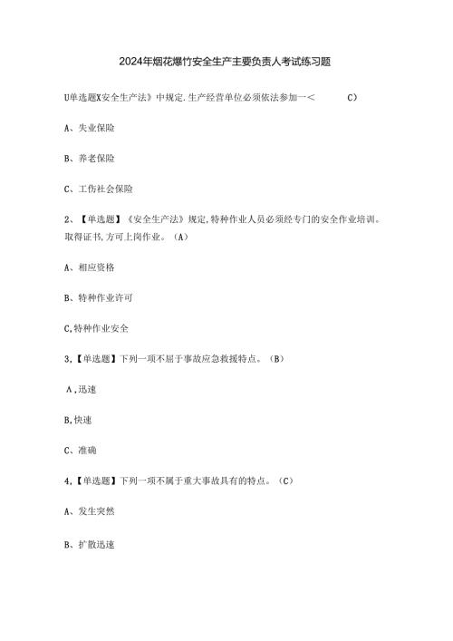 2024年烟花爆竹安全生产主要负责人考试练习题.docx