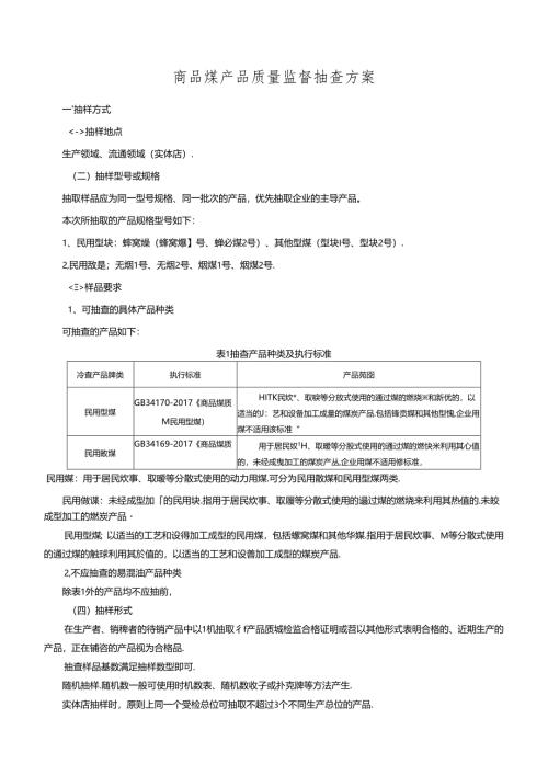 商品煤产品质量监督抽查方案.docx