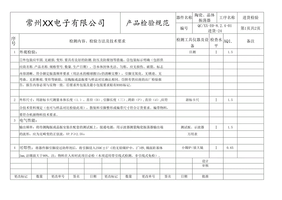 陶瓷、晶体振荡器进货检验标准.docx_第1页