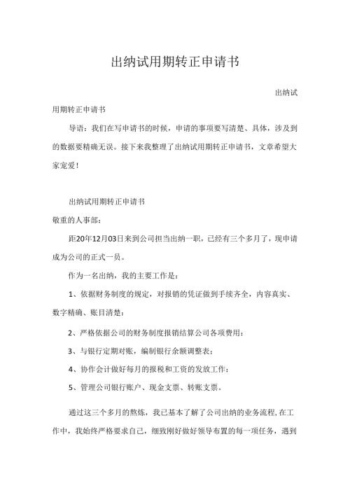 出纳试用期转正申请书.docx