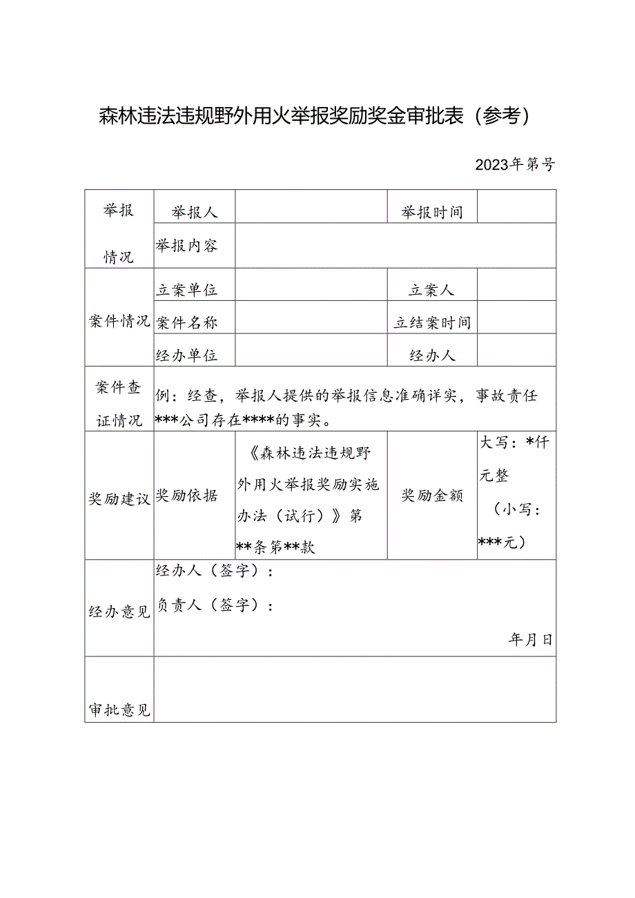 森林违法违规野外用火举报奖励奖金审批表 （参考）.docx_第1页