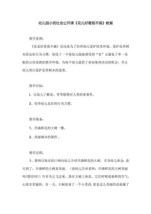 幼儿园小班社会公开课《花儿好看我不摘》教案.docx