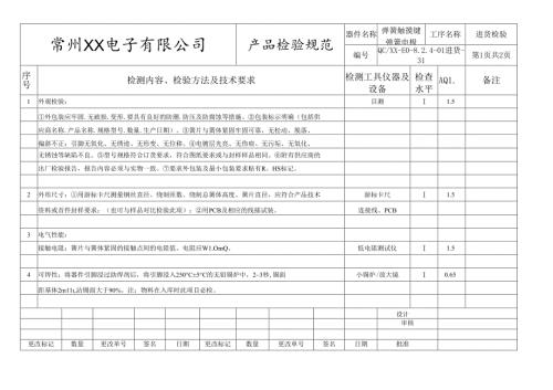 弹簧触摸键、弹簧电极进货检验标准.docx