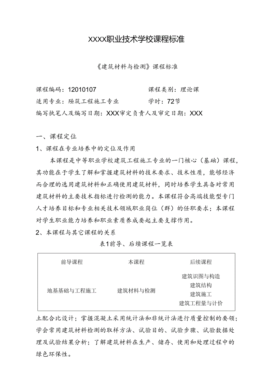 职业技术学校《建筑材料与检测》课程标准.docx_第1页