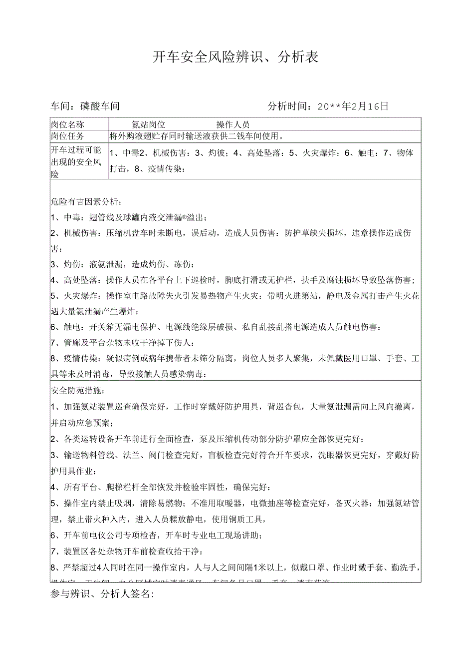 磷酸车间复开车安全风险辨识表（氨站）.docx_第1页