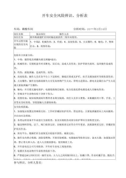 磷酸车间复开车安全风险辨识表（氨站）.docx