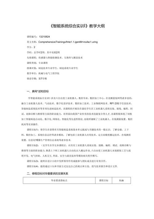 智能制造工程专业《智能系统综合实训》教学大纲.docx