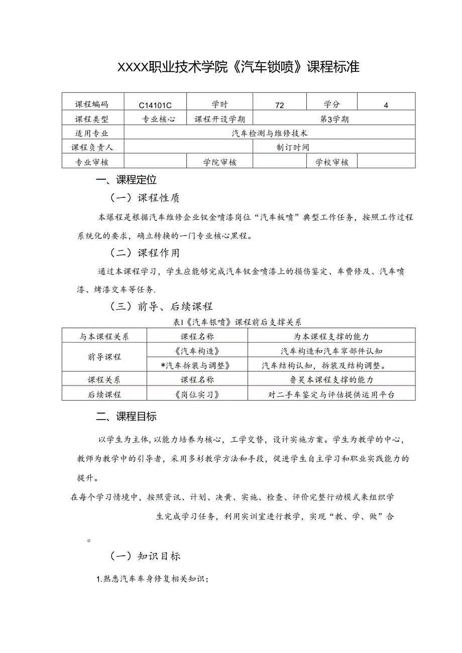 职业技术学院《汽车钣喷》课程标准.docx_第1页