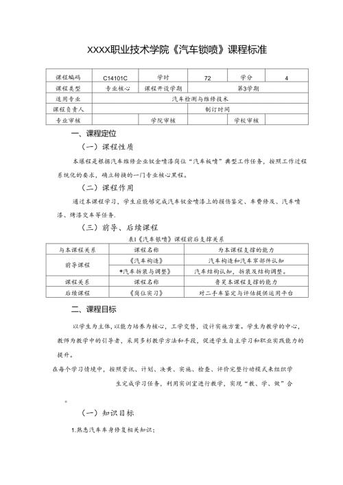 职业技术学院《汽车钣喷》课程标准.docx