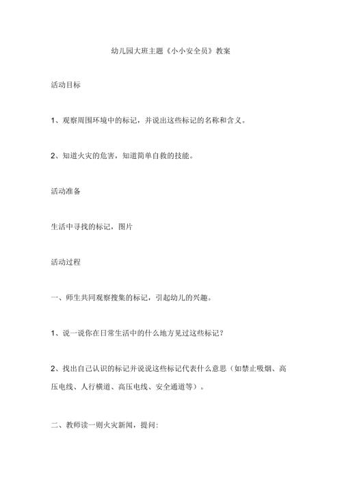 幼儿园大班主题《小小安全员》教案.docx