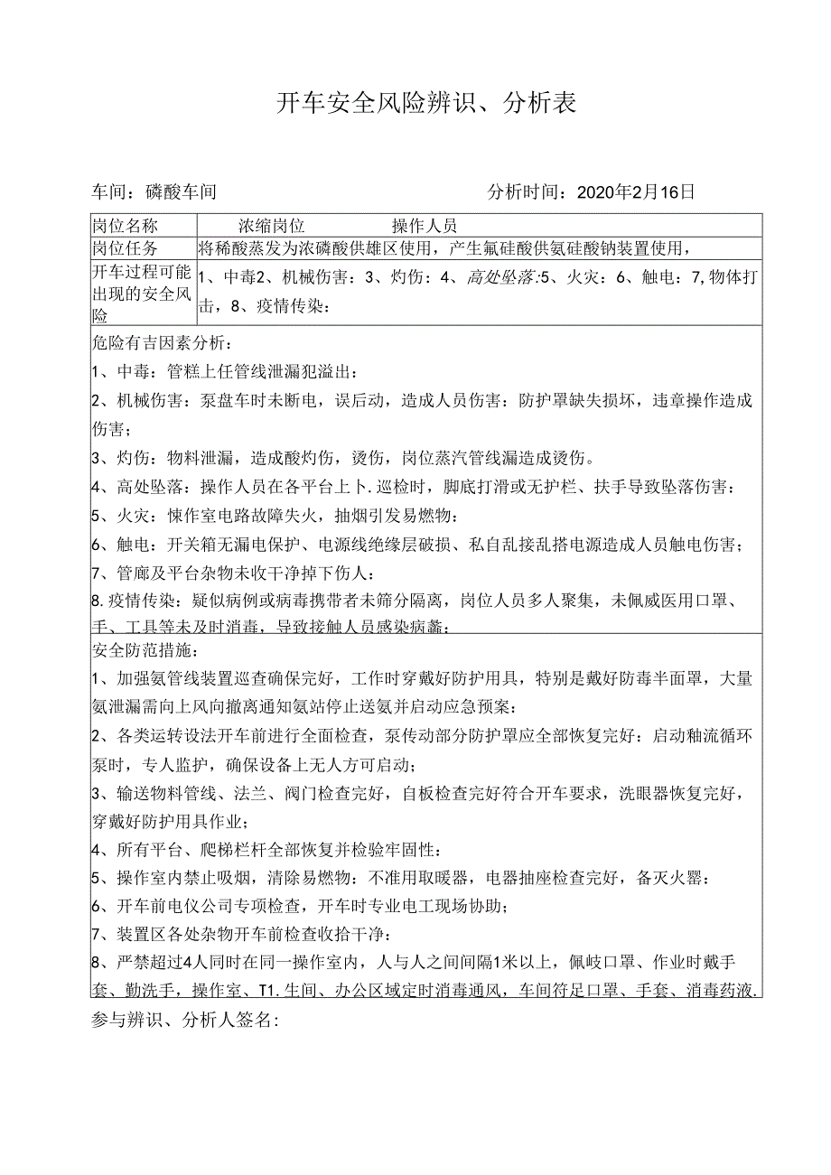 磷酸车间复开车安全风险辨识表（浓缩）.docx_第1页