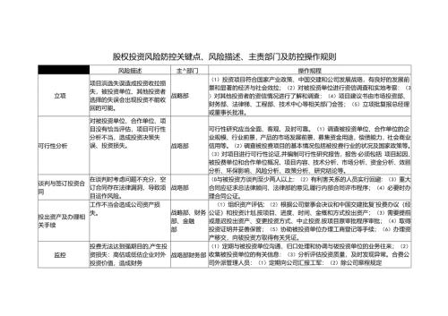 股权投资风险防控关键点、风险描述、主责部门及防控操作规则.docx