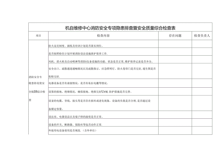 机自维修中心消防安全专项隐患排查暨安全质量综合检查表.docx_第1页