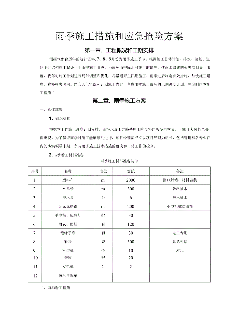 雨季施工措施和应急抢险方案.docx_第1页