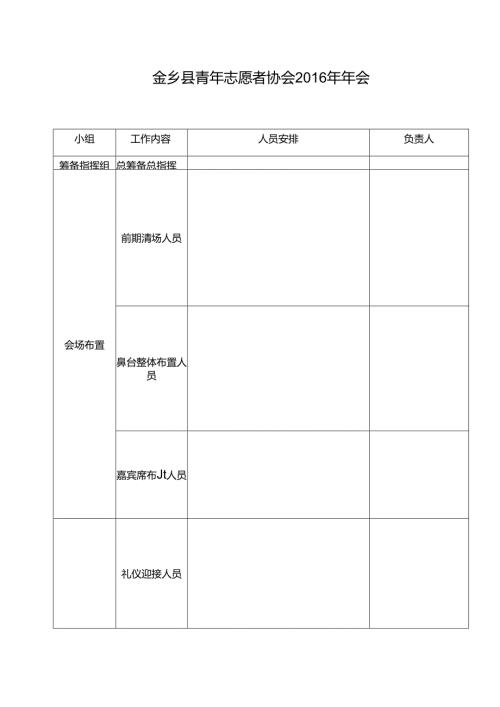金乡县青年志愿者协会2016年年会工作人员安排.docx