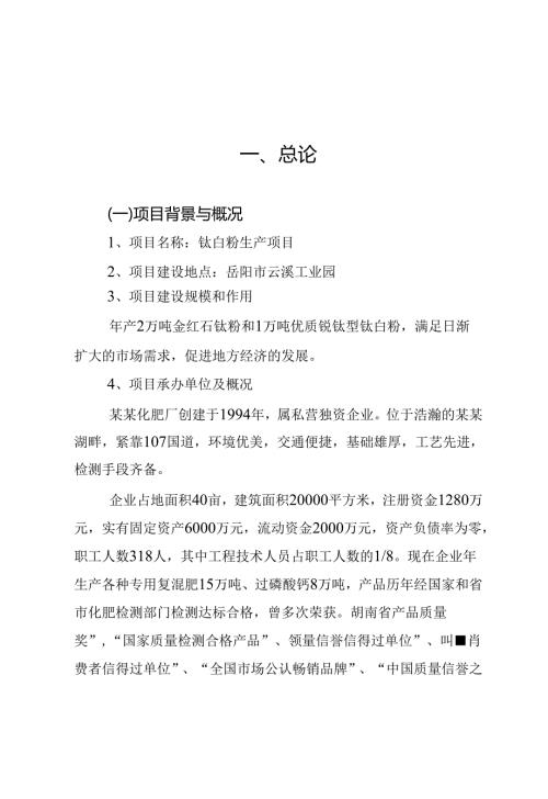 精品＿某某公司钛白粉生产项目可行性研究报告（122页优秀甲级资质可研报告）.docx