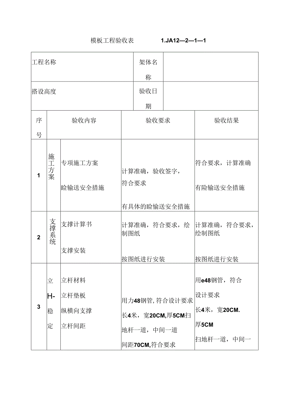 建筑施工模板工程验收记录.docx_第1页