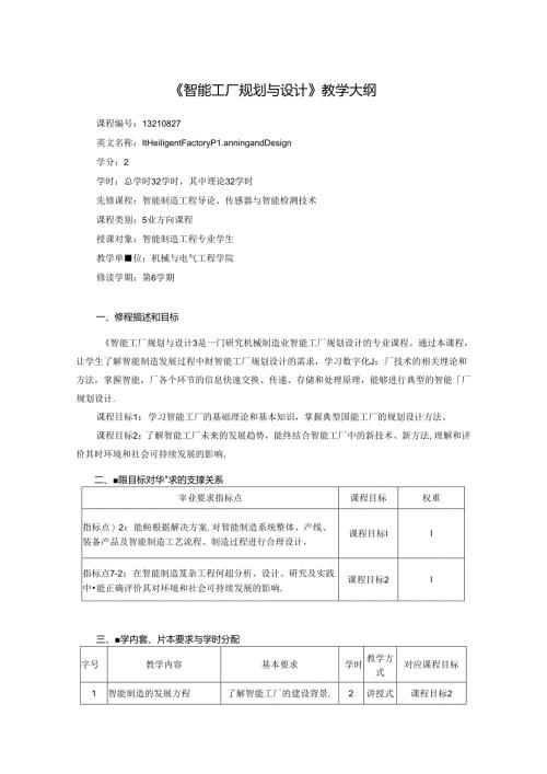 智能制造工程专业《智能工厂规划与设计》教学大纲.docx