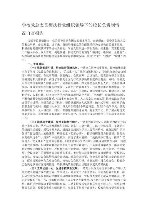 学校党总支贯彻执行党组织领导下的校长负责制情况自查报告.docx