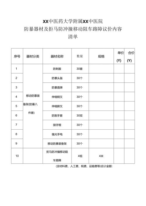 XX中医药大学附属XX中医院防暴器材及拒马防冲撞移动阻车路障议价内容清单（2024年）.docx